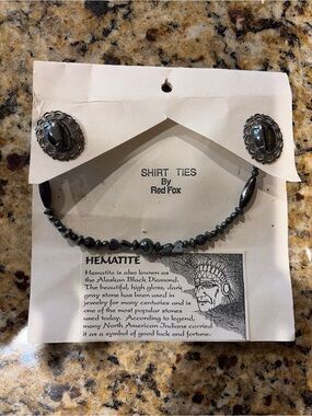 Vintage Western Red Fox Hematite Beaded Shirt Collar Tie